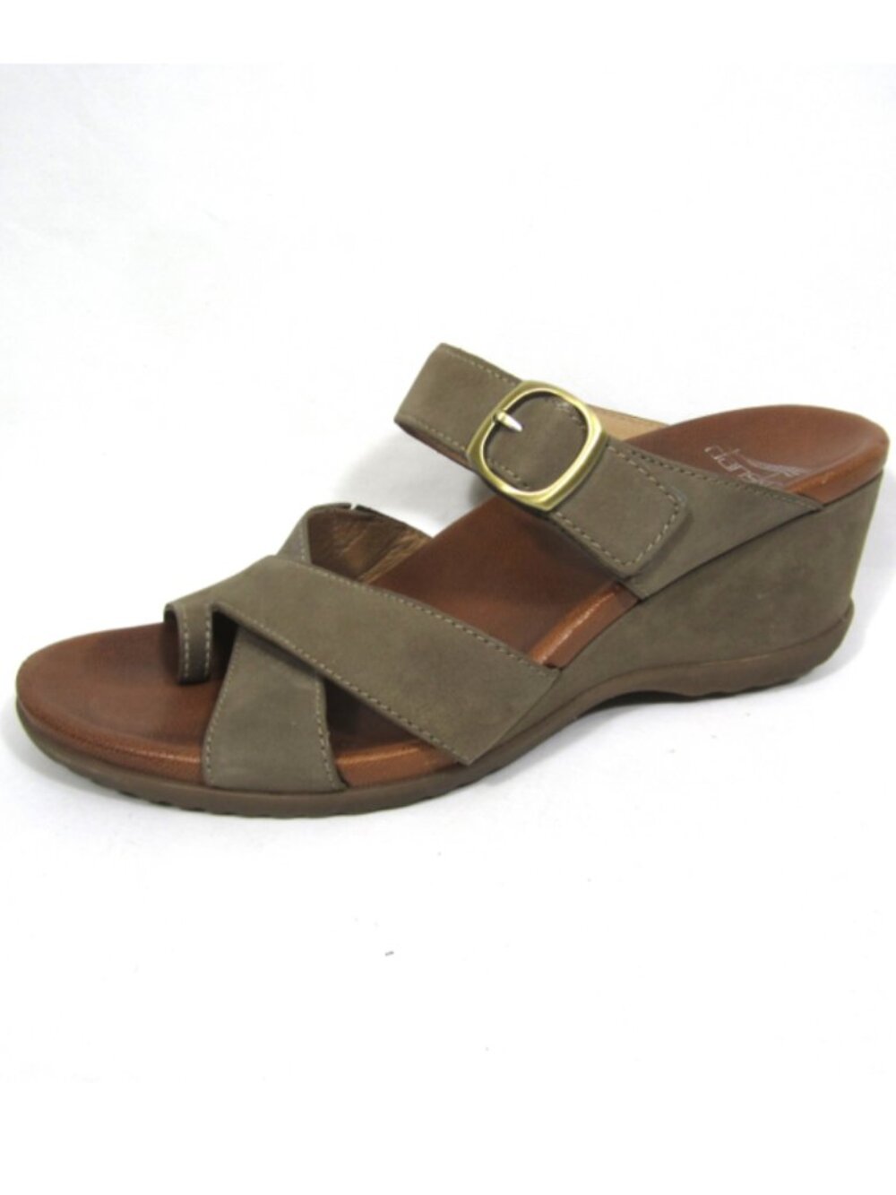 Dansko 38 US 7.5 8 Taupe Aubree Wedge Sandal Nubuck Leather EUC Toe Ring